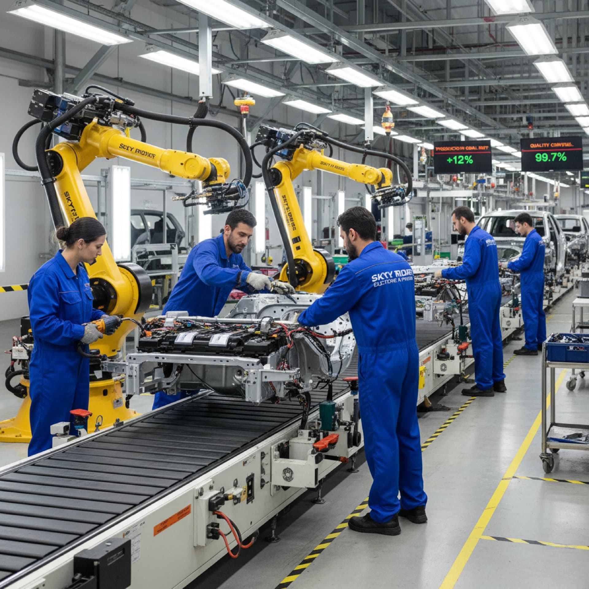 Skyy Rider Electric team executing a vehicle build on the assembly line